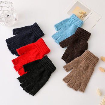 Black autumn and winter wool half-finger gloves knitted solid color warm men and women writing work half-college style