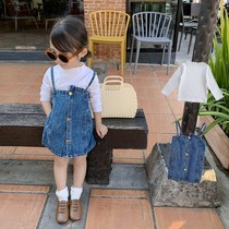 Girls  new suit Childrens top base shirt Western style denim strap skirt Little girl dress two-piece set