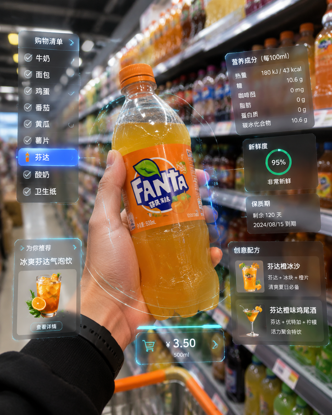 沉浸式未来超市，全息AR界面选购芬达汽水