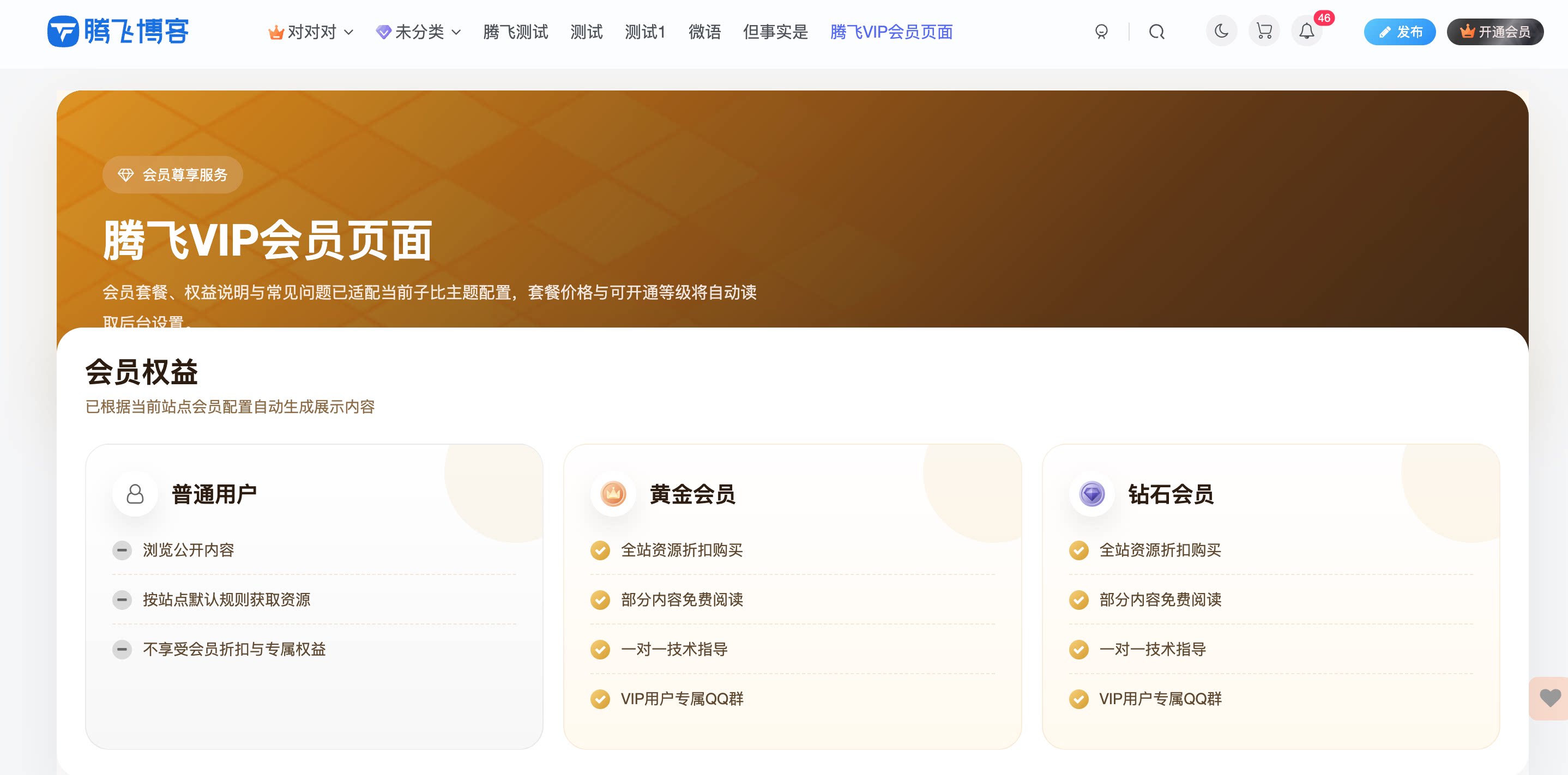 子比主题 - VIP会员权益页面美化 - 腾飞博客