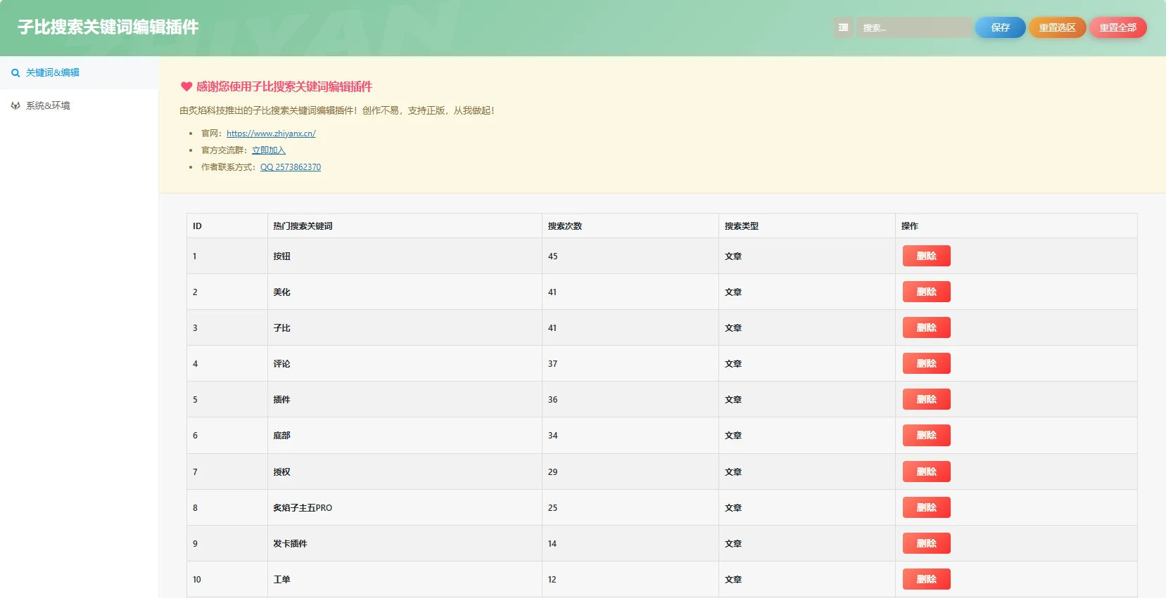 WordPress插件 - 子比搜索关键词编辑插件 - 腾飞博客