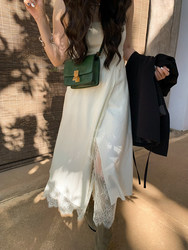 Ren Xiaoyi's new spring and summer white new Chinese lace splicing long skirt with slit high waist suspender dress holiday style