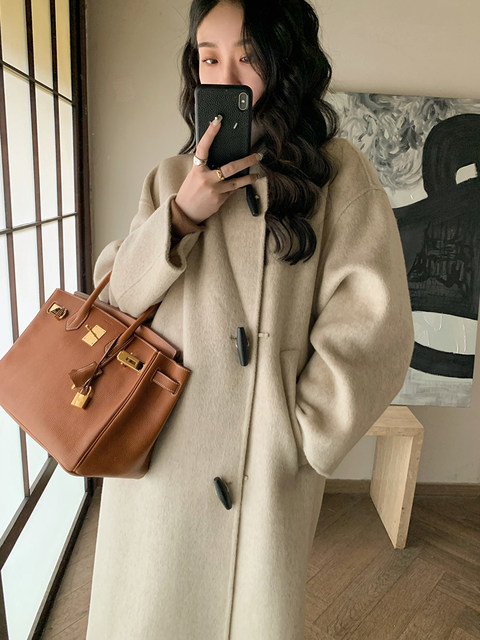 Ren Xiaoyi horn button double-sided woolen coat for women 2024 winter new style mid-length loose thickened coat