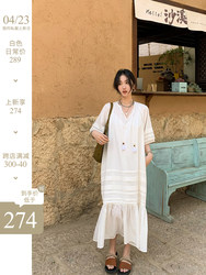 Ren Xiaoyi 4/23 new holiday style V-neck lantern long dress white/green cocoon dress