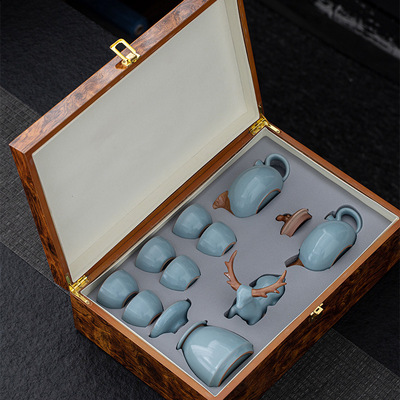 Ru kiln tea set set Kung Fu tea set advanced gift box custom household Shenlu ceramic teacup teapot tea