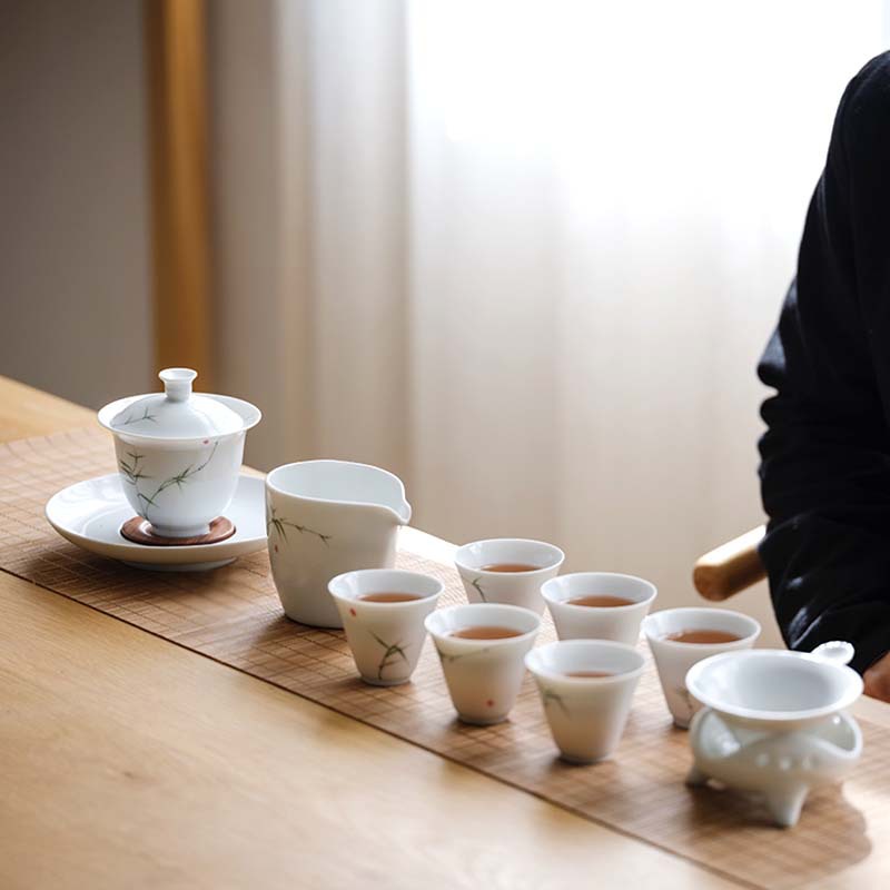 Jingde) Zhenqing Bamboo Kung Fu tea set set pure hand-painted underglaze color complete set of white porcelain ceramic cover bowl heat-resistant tea cup