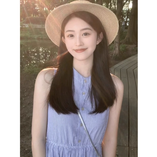 Синее летнее платье без рукавов, приталенный корсет, длинная юбка для принцессы, французский стиль, А-силуэт