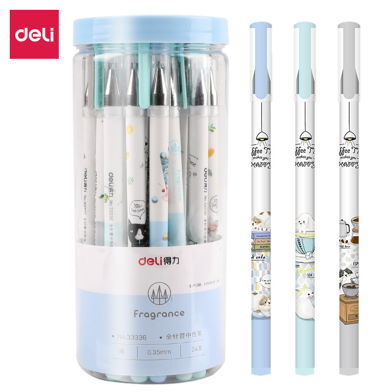 Deli Stationery gel pen students with black pull-out hipster cute cartoon signature pen water gel pen 0 35MM full needle tube water pen barrel 24 writing tools