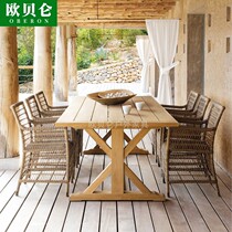 Outdoor patio rattan choreography solid wood table and chairs Villa Hotel High-end Embalming Wood Table And Chairs Designer along Decent Board Furniture