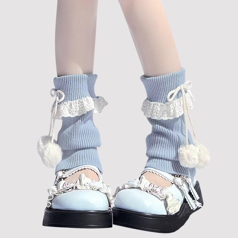 Dopamine Milk Blue Socks, Knitted Calf-Length Socks with Lace Trim, Jk Pile Socks with Fur Pom-Poms, Lolita Socks