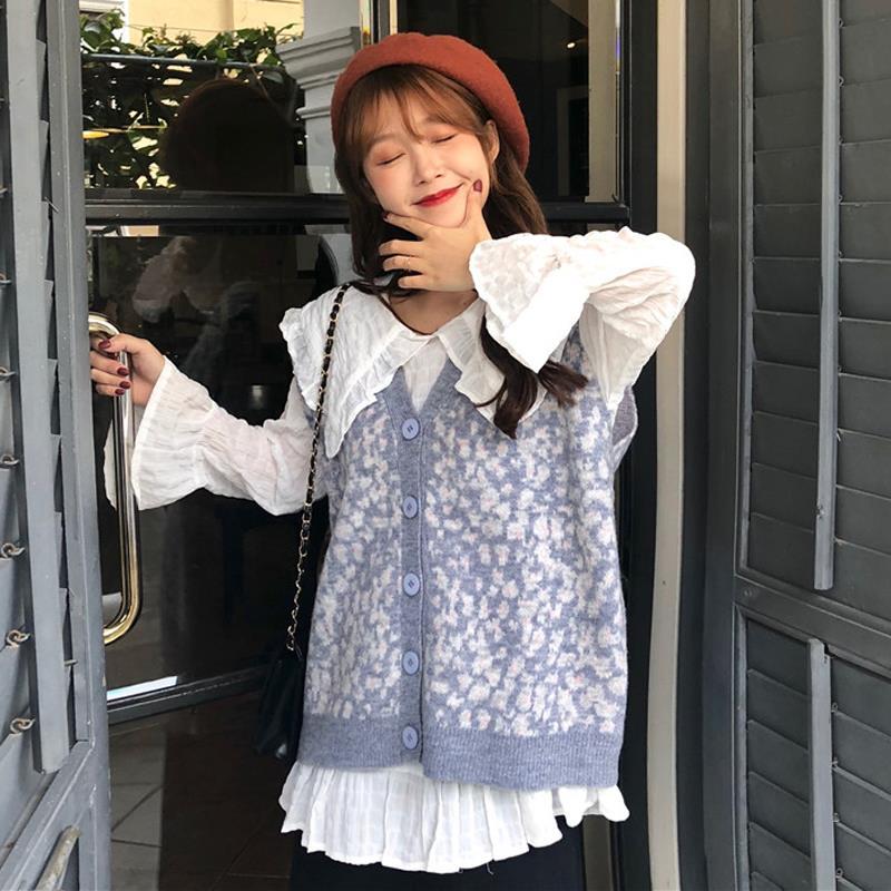 2021 spring lotus leaf collar horn sleeve snow-spinning shirt BAO WELN cardiovert knitted machia two-piece suit female tide