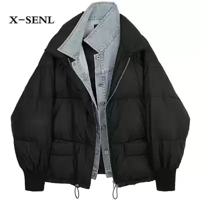 Temperament Hong Kong flavor denim splicing female 2020 Autumn and Winter new fake two warm cotton clothes women cotton padded jacket thick female