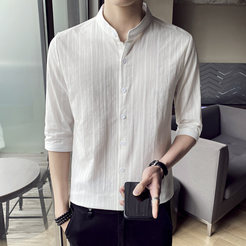 European station slim fit ice mitt collar 70% sleeve shirt men cotton linen T-shirt Summer linen short sleeves 50% sleeves shirt
