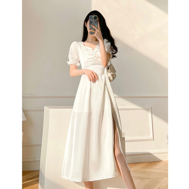 2023 summer new style French slit tea break skirt waist slimming white puff sleeve temperament gentle wind dress