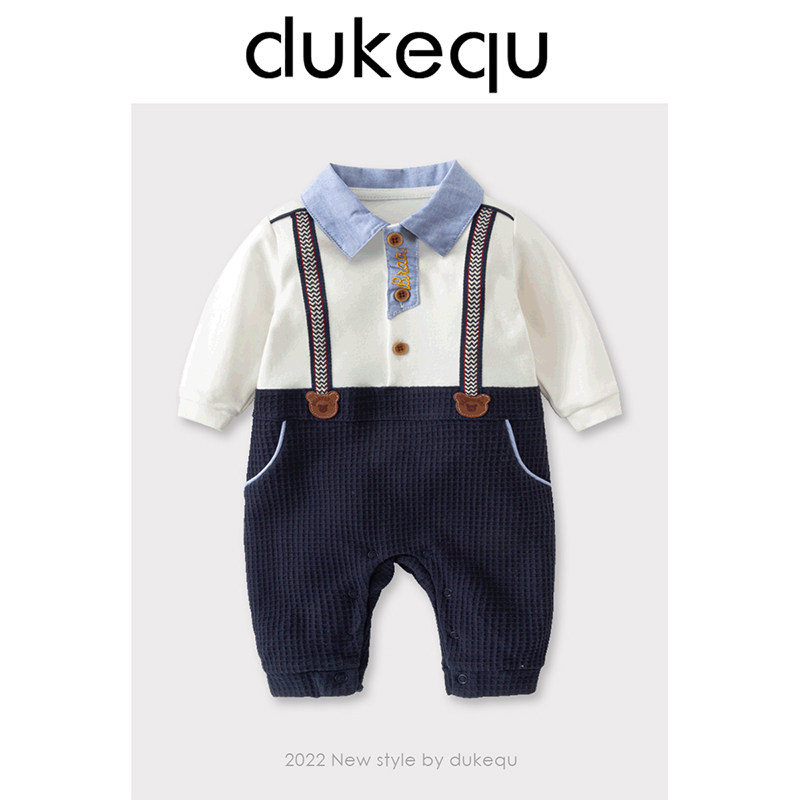 Duke fun baby one-piece suit 2022 spring suit male baby one-piece romper gentleman handsome fake two-piece strap crawling suit