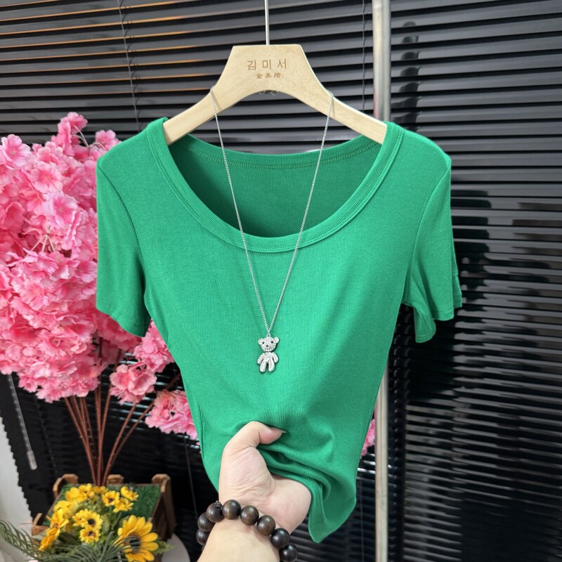 Summer Fashion U-Neck Ribbed Short-Sleeve T-Shirt for Women, Stylish and Versatile, Simple Loose Fit, Solid Color, Slimming Low-Neck Inner Wear, Trendy Summer Fashion U-Neck Ribbed Short-Sleeve T-Shirt for Women, Stylish and Versatile, Simple Loose Fit, Solid Color, Slimming Low-Neck Inner Wear, Trendy
