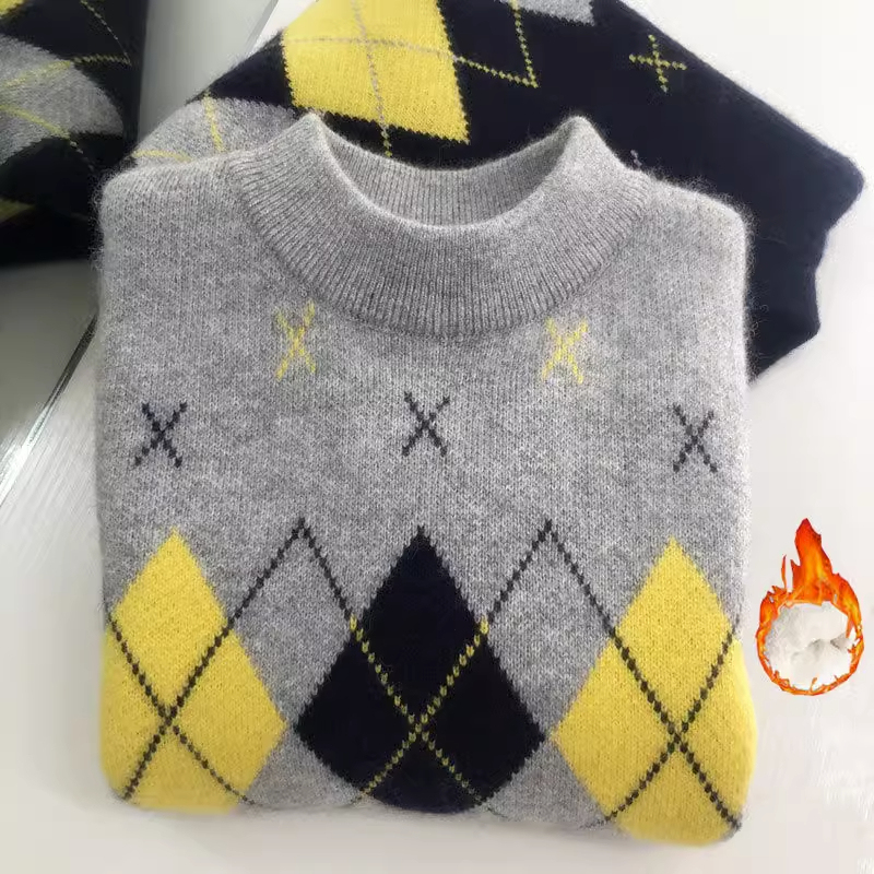 Children's Imitation Cashmere Sweater, Boys' Sweater, Fleece-Lined and Thickened Pullover, Round Neck, Knitted Imitation Wool Sweater for Older Children, Baby Pullover