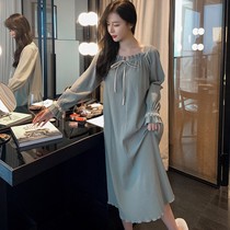 Nightdress female spring and autumn long sleeve cotton sexy sweet princess style solid color Korean loose lady pajamas home clothing winter