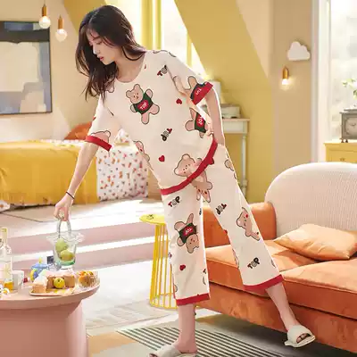 Pajamas women's summer cotton 2021 new three-point pants short-sleeved sweet suit thin section can be worn outside home clothes