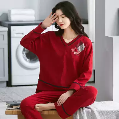 Pajamas women's spring and autumn pure cotton long-sleeved Korean version of the large size casual suit loose autumn and winter models can be worn outside home clothes