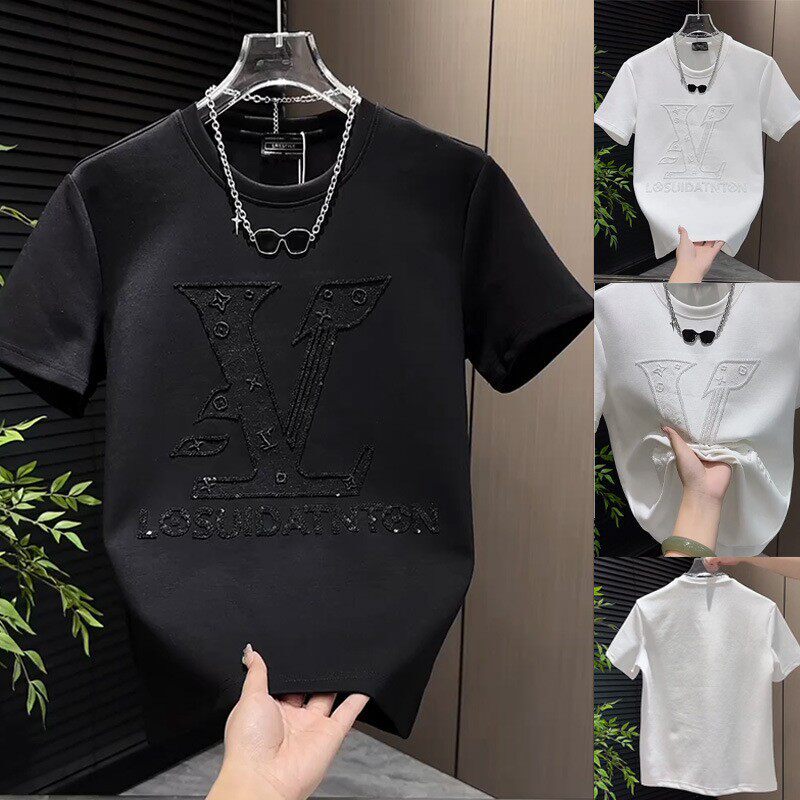 Officially Imported Lv408 Summer Men's Fashion Business High-Quality Light Luxury Brand Luxury Rhinestone Round Neck Short-Sleeved T-Shirt