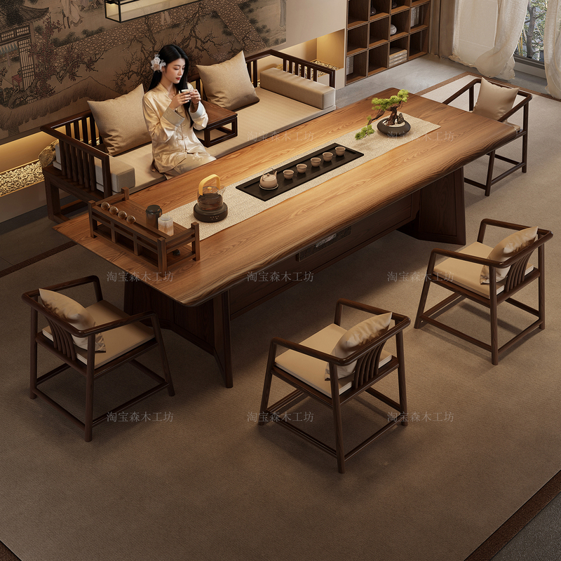 Office Reception Tea Table for Young People, Solid Wood Large Board Sofa Set, Tea Table with Song Dynasty Aesthetics, Zen-Style Tea Room, New Model