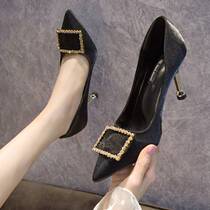 2021 Spring New Joker Rhinestone Square Buckle Black Net Red High Heels Professional Fine Heels Pointed Single Shoes Sexy Womens Shoes