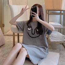 Korean version of nightgown women Summer cotton short sleeve sweet fresh pajamas long summer can wear loose home clothes