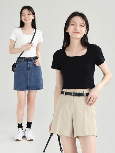 DESSUU Цветная короткая приталенная эластичная футболка с коротким рукавом, квадратный вырез, короткий рукав