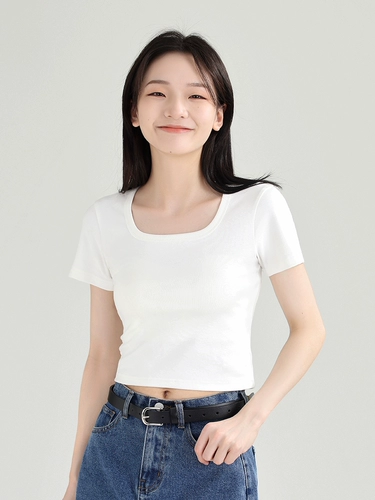 DESSUU Цветная короткая приталенная эластичная футболка с коротким рукавом, квадратный вырез, короткий рукав