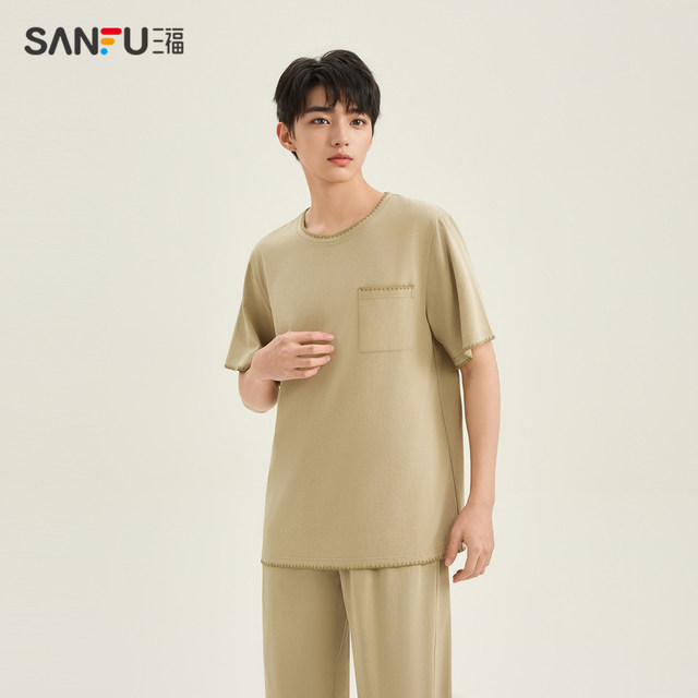 Sanfu men's spring hem pattern antibacterial pajamas set simple neck round-sleeved home clothes for men 480128