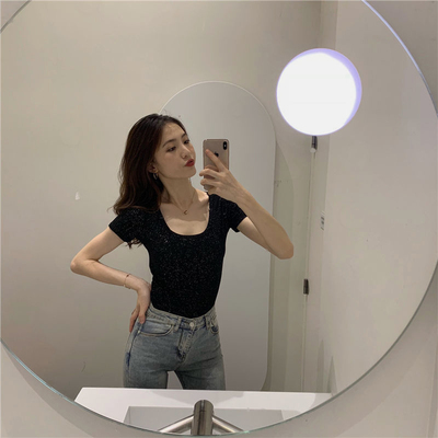 亮闪闪短袖t恤女小心机设计感露锁骨上衣