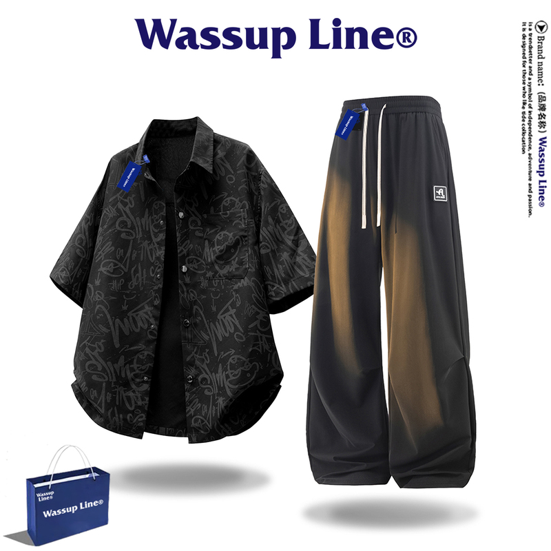 Wassup Line Trendy Brand Loose Sports Suit Men's Summer Short-Sleeved T-Shirt Casual Pants Fashionable Two-Piece Set