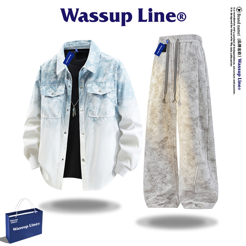 Wassup Line Trendy Brand Long-Sleeved Suit for Men, Autum Tie-Dye Gradient Loose Shirt and Pants Men's Two-Piece Set