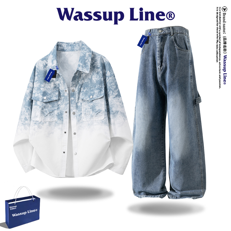 Wassup Line Trendy Long-Sleeved Shirt Set for Men, Gradient Tie-Dye Shirt, Autumn Jeans Two-Piece Set