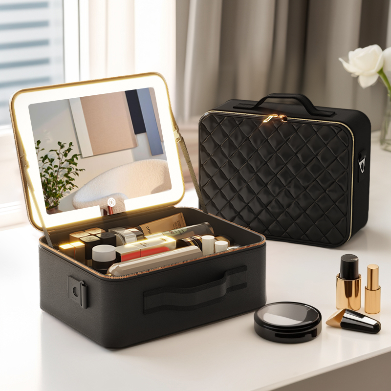 「OBOX」2025年新作女性用化粧バッグ。スキンケア用品、通勤用収納、吊り下げ荷物用のミラーとライト付き。
