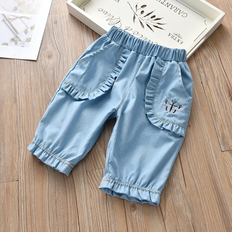 Girl Jeans 2020 Summer New Child Butterfly Embroidered Lace Seven-minute Pants Baby Loose Jeans Tide