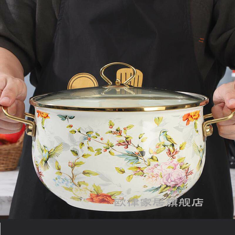 Thickened Enamel Soup Pot 18-30cm, Enamel Double-Handle Stew Pot with Floral Design, Suitable for Electric Stove and Gas Stove, with Lid, Milk Pot