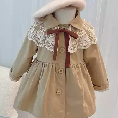 2021 new female baby western style jacket spring and autumn girls lace princess windbreaker medium and long version of children's Korean version