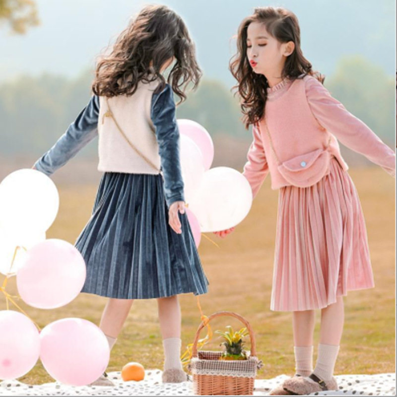 Girls woolen suit 2022 new Korean version spring dress girl Western style princess skirt trend two-piece set