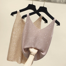 2021 summer new bright silk camisole vest women knitted hot Diamond Base shirt inside V-neck sleeveless top