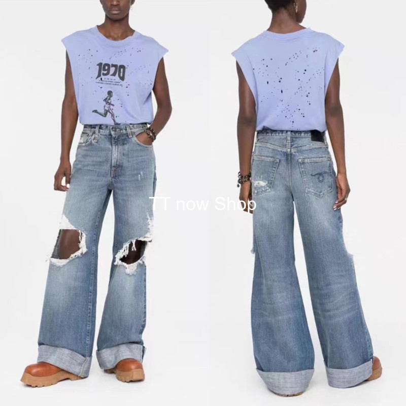Buyer's Store Genuine American R13 Heavy-Duty Denim Ripped and Distressed Wide-Leg Long Spring/Summer Jeans