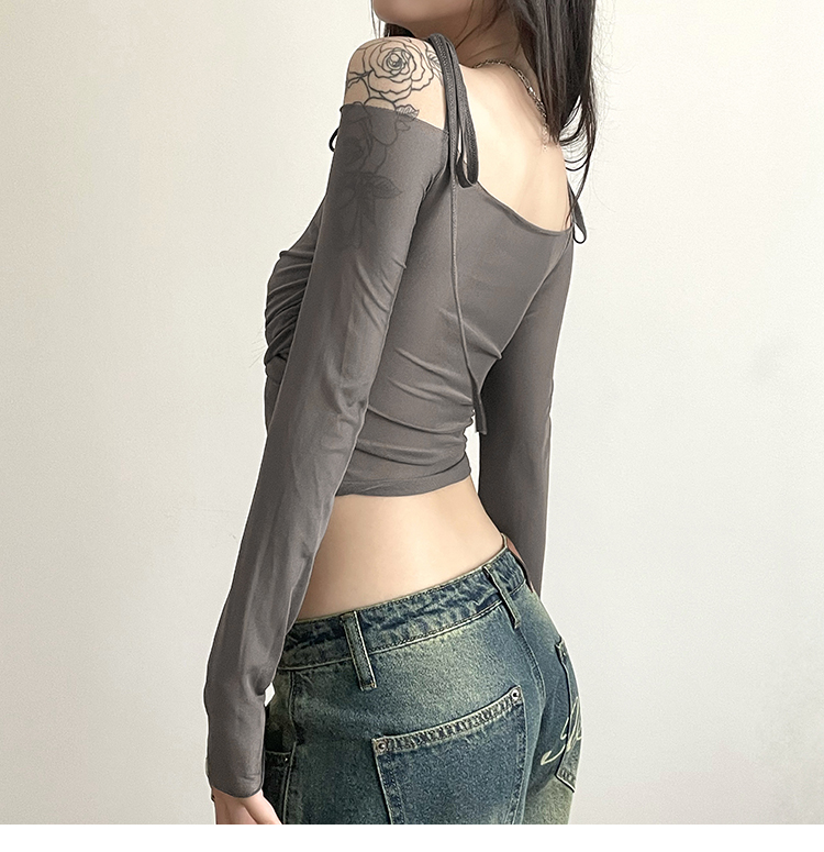 WEIRD PUSS Internet Celebrity Ins Cool Spicy Girl Style Off-Shoulder Mesh Patchwork Slim Fit Vielseitig Langarm_voghion.com