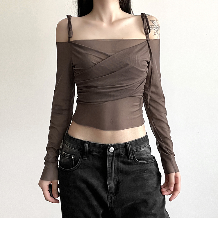 WEIRD PUSS Internet Celebrity Ins Cool Spicy Girl Style Off-Shoulder Mesh Patchwork Slim Fit Vielseitig Langarm_voghion.com