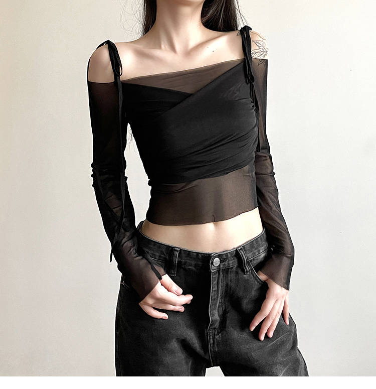 WEIRD PUSS Internet Celebrity Ins Cool Spicy Girl Style Off-Shoulder Mesh Patchwork Slim Fit Vielseitig Langarm_voghion.com