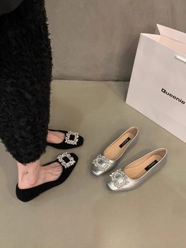 Special Clearance Sale Soft Leather Flat Silver Shoes for Women 2025 New Square Toe Rhinestone High-End Soft-Soled Loafers