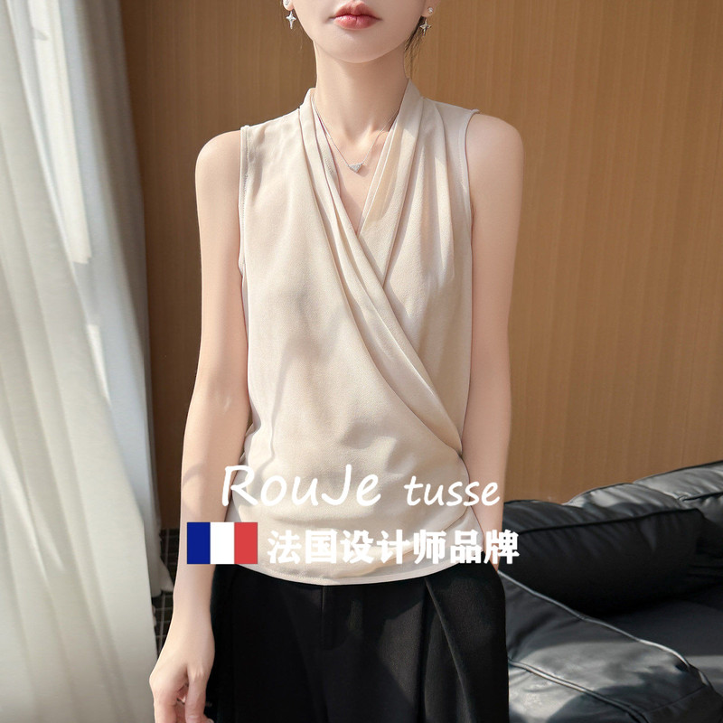 Rouje Tussé Sleeveless V-Neck Summer Shirt Silk Camisole Top for Women, Silky Loose Slimming Top