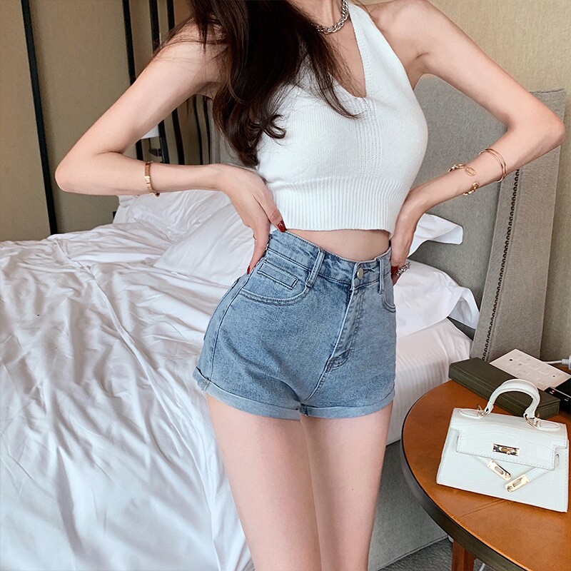 Denim Shorts Female Summer High Waist Curls A Character Ultra Short Hot Pants 2021 European And European Sexy Elastic Bag Hip a pair of shorts