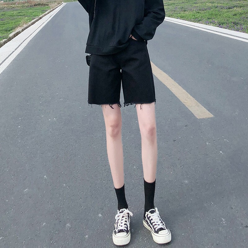 Port Wind Denim 50% Pants Woman Summer 2021 New Korean Version Hair Side High Waist Straight Cylinder Loose Riding Pants Slim 50% Pants