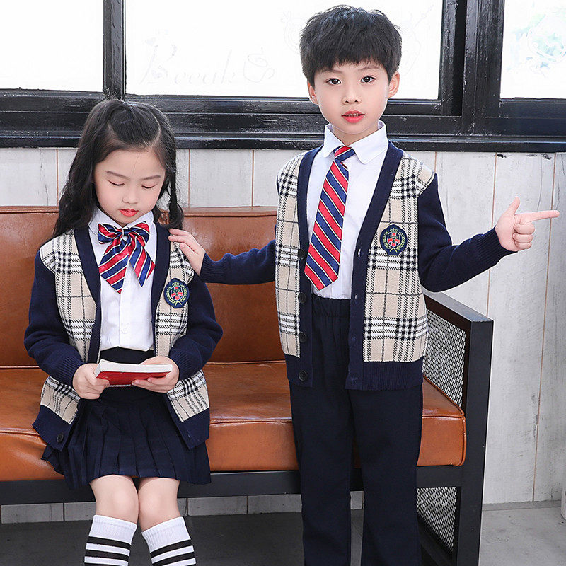 Kindergarten school uniform primary school uniform cotton sweater suit boys and girls class service British style spring and autumn three-piece suit